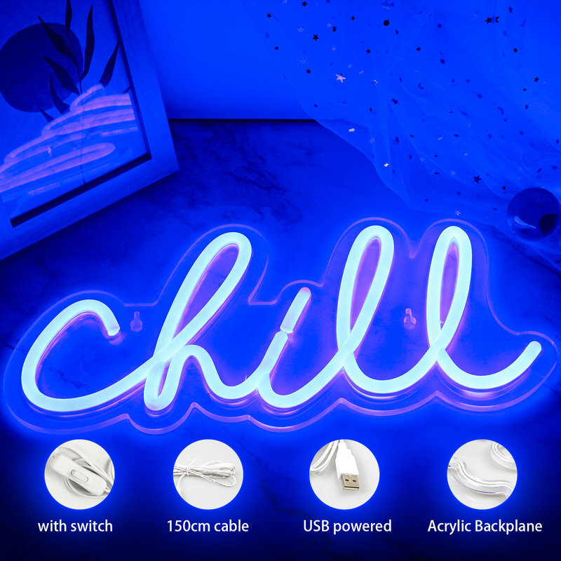 Chill Neon Sigh with Cool Tone LED Lights, Art Letter, Lâmpada de parede, Light Up, Decoração da festa, Bar, Quarto, Birthday Room, Logo Decor