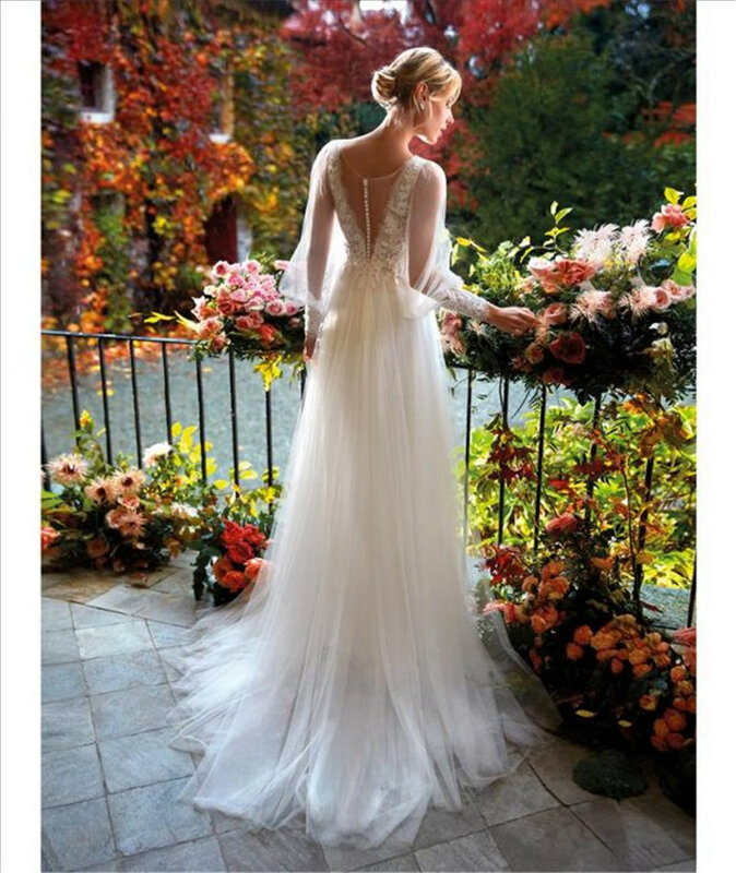 2022 Designer V-ausschnitt A-linie Brautkleid Elegante Illusion Langarm Brautkleid Drapierte Appliques vestido de noiva