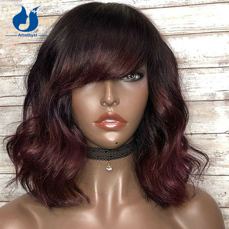 Pelucas de cabello humano brasileño Remy O Scalp Top con flequillo para mujer, postizo de 99J, corte Bob degradado, color borgoña