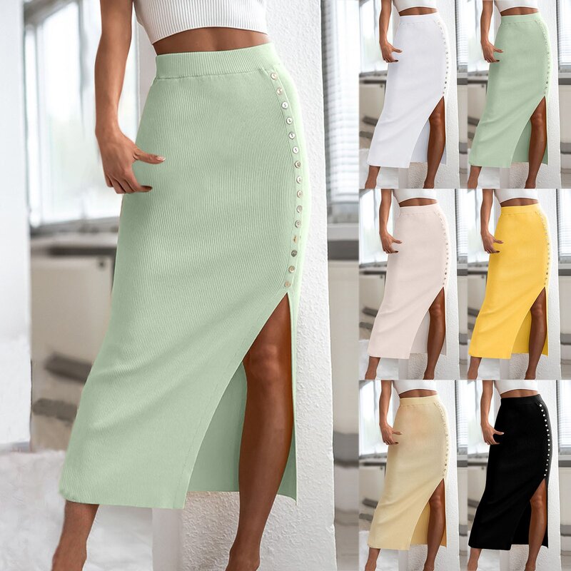 2023 Summer And Autumn New Fashion Slim Fit Ribbed Side Buttons Split Skirt Casual Versatile Solid Color Half Body Skirt