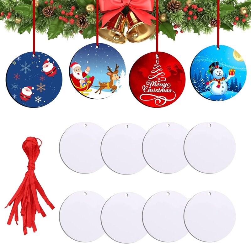 Christmas Sublimation Ornament Blanks -Sublimation Blank Pendants Ornaments Double Side with Red String- Personalized MDF  Deco