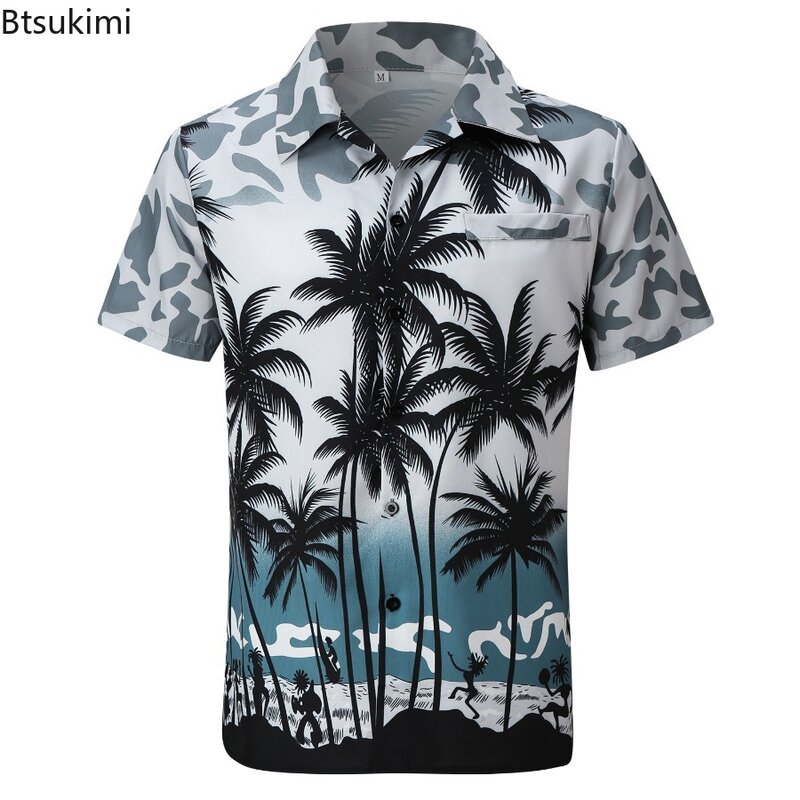 قميص هاواي بطبعة ثلاثية الأبعاد من شجرة جوز الهند الملونة للرجال ، اتجاه الصيف ، ملابس الشارع ، الشاطئ ، الأكمام القصيرة ، بلوزة العطلات ، موضة جديدة