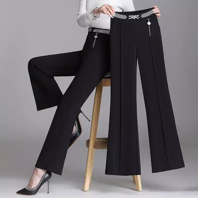 FJZå-Pantalon évasé taille haute pour femmes, mode coréenne printemps-automne, poches simples solides, slim polyvalent décontracté