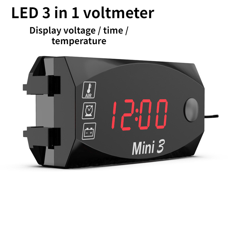3 In 1 12V Motorcycle Electronic Clock IP67 Waterproof and Dustproof Voltmeter LED Digital Display Thermometer Time Clock