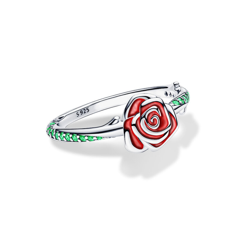 Женское кольцо из серебра 925 пробы, с зеленой розой