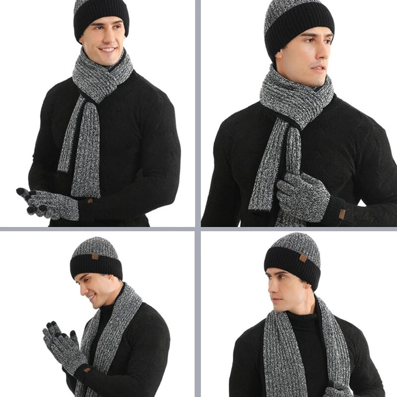 따뜻한 니트 남성용 스카브와 비니 모자 장갑 세트, 터치 스크린 장갑, 겨울 두꺼운 양털 안감 목 각반 모자 장갑