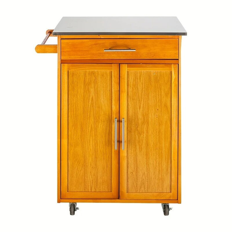 1pc, Ubesgoo Moveable Kitchen Cart With Stainless Steel Table Top & One Drawer & One Cabinet Sapele