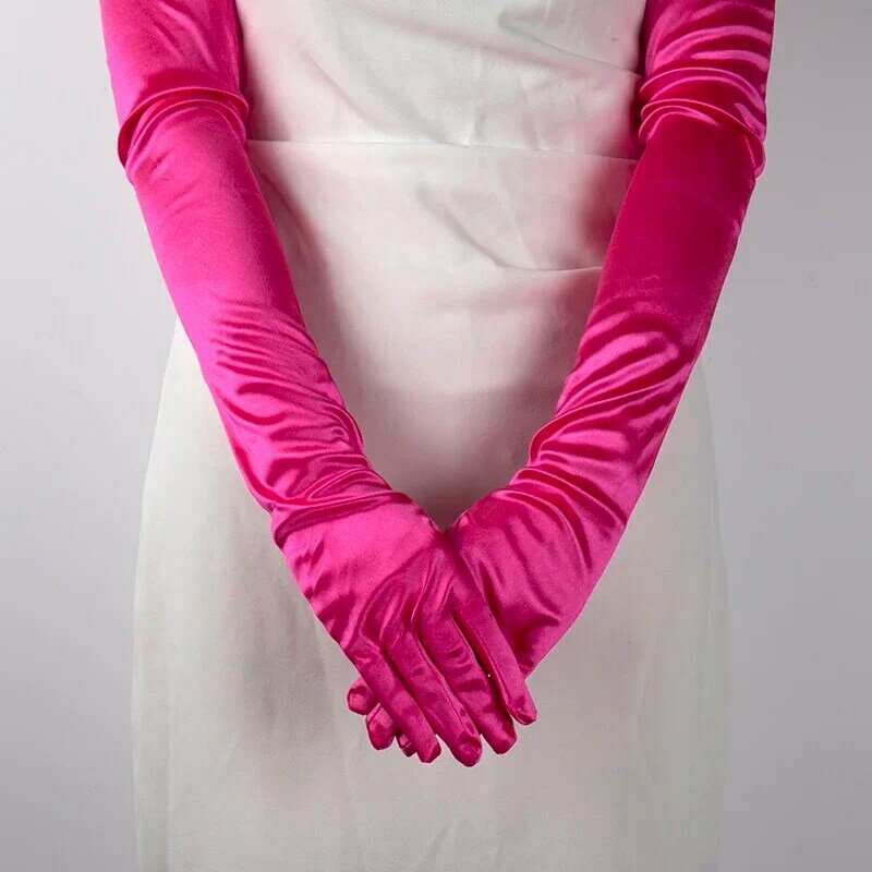 ถุงมือซาตินยาวนวมสำหรับผู้หญิงถุงมือสีดำหลากสีอุปกรณ์เสริมเซ็กซี่คอสเพลย์นุ่มเรียบสีพื้นยืดสูง