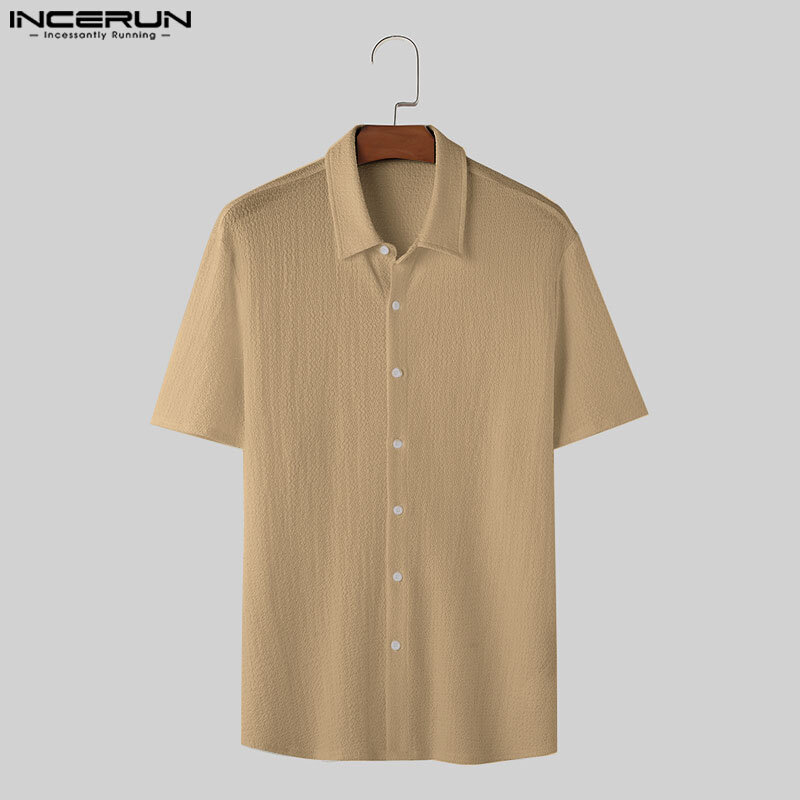 Incerun-メンズ半袖ボタン,韓国スタイルのラペルシャツ,無地,カジュアル,ファッションシャツ,ストリートウェア,2022