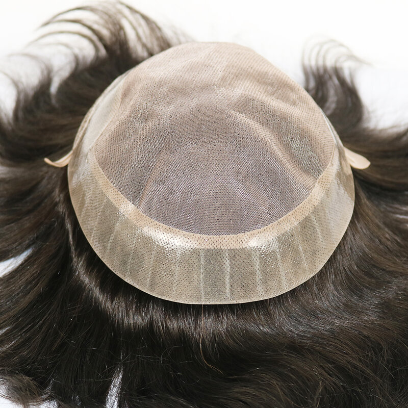 Rambut palsu pria rambut manusia tahan lama renda Mono dasar PU di sekitar Sistem prostesis rambut palsu alami renda depan