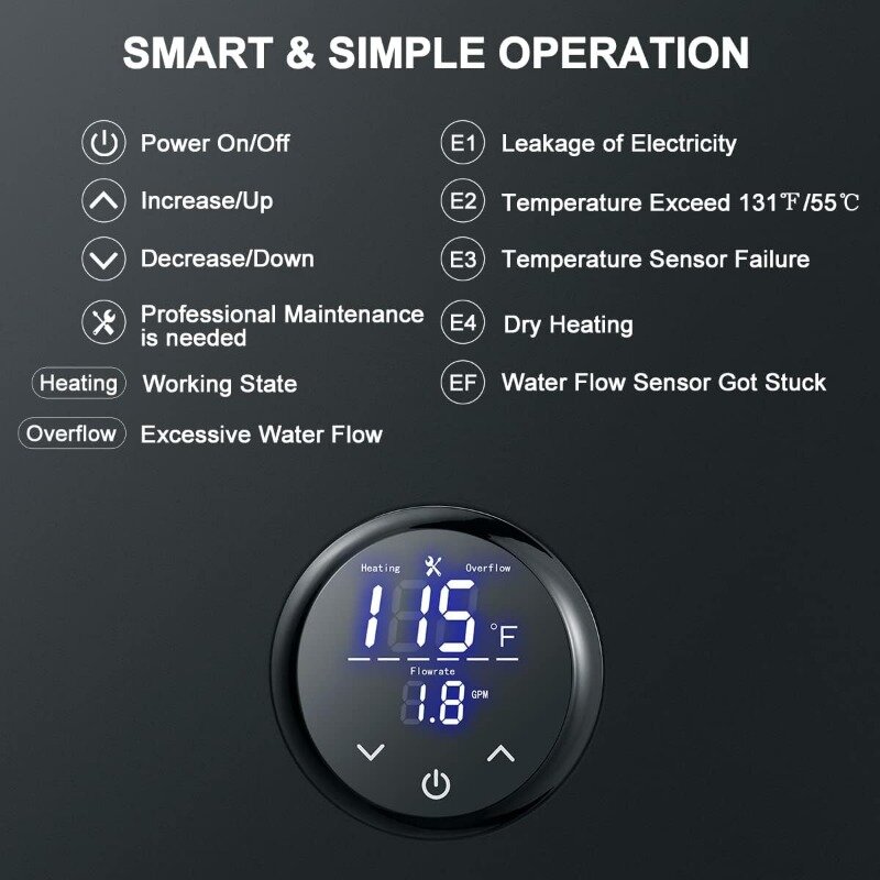 Calentador de agua eléctrico sin tanque, calentador de agua caliente instantáneo a pedido, 240V, punto de uso, automodulación, negro