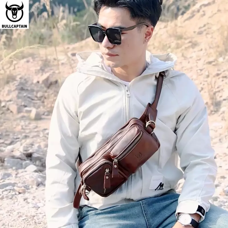 BULLCAPTAIN-Bolsa de couro genuíno masculina, bolsa de ombro esportiva ao ar livre, bolsa multifuncional para cintura, grande capacidade