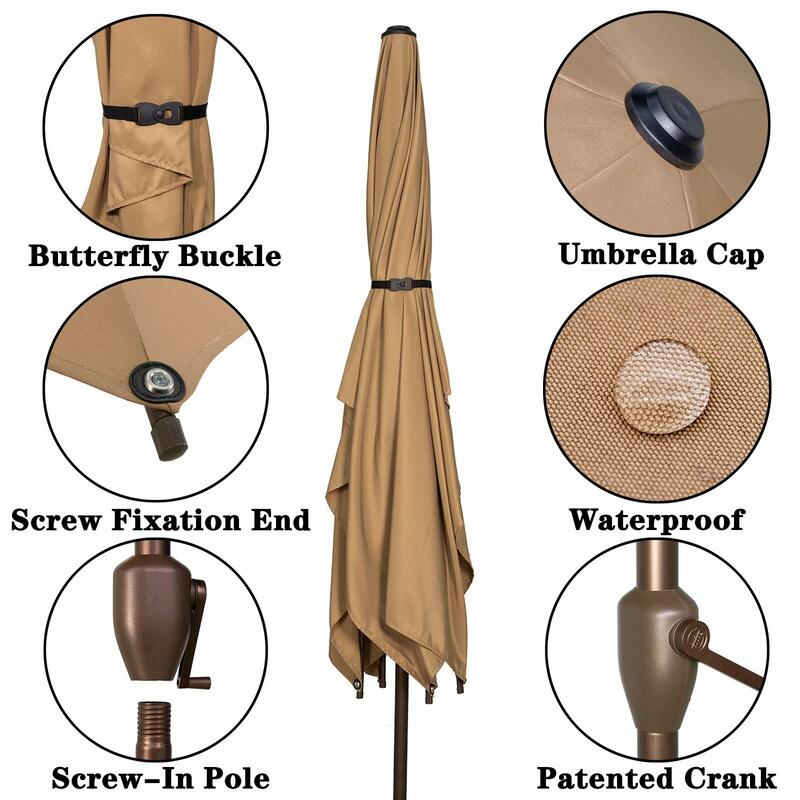 Paraguas Rectangular para Patio, sombrilla de mesa para exteriores con manivela y botón de inclinación (bronceado), 6,5x10 pies