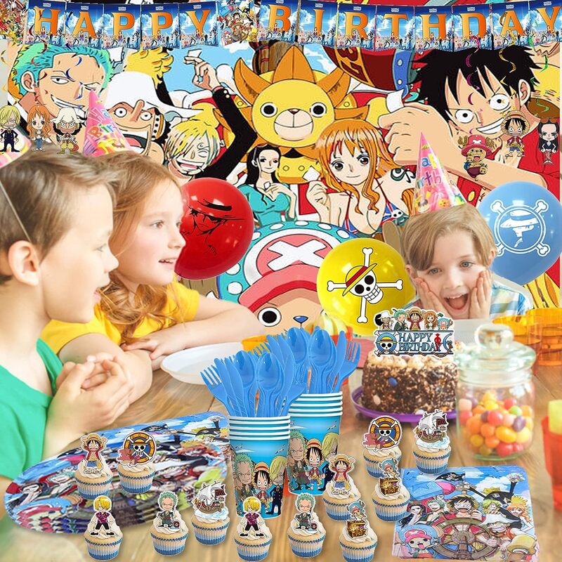 Eendelige Feestdecoraties Luffy Ballonuitrusting 5 Party Gunsten Wegwerp Feestgerei Tafelkleden Bordjes Cups Cartoon Figuur