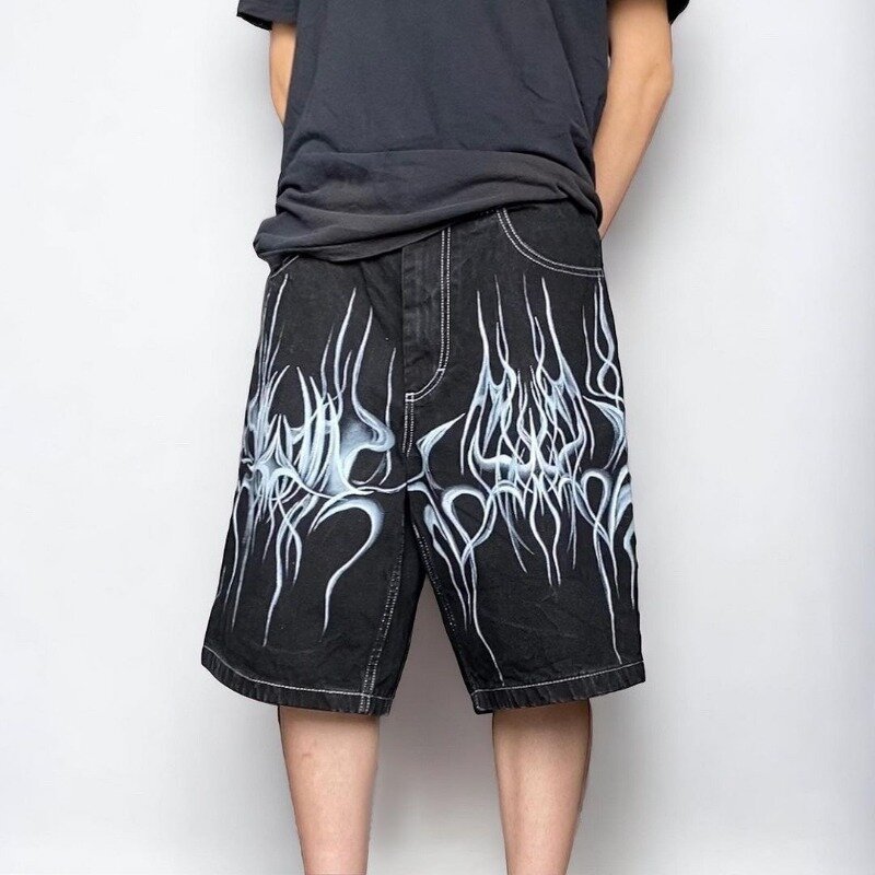 Retro Trendy Brand Striped Printed Denim Shorts Y2k American Street Couple Clothing Harajuku Fashion Versatile Oversized Jeans