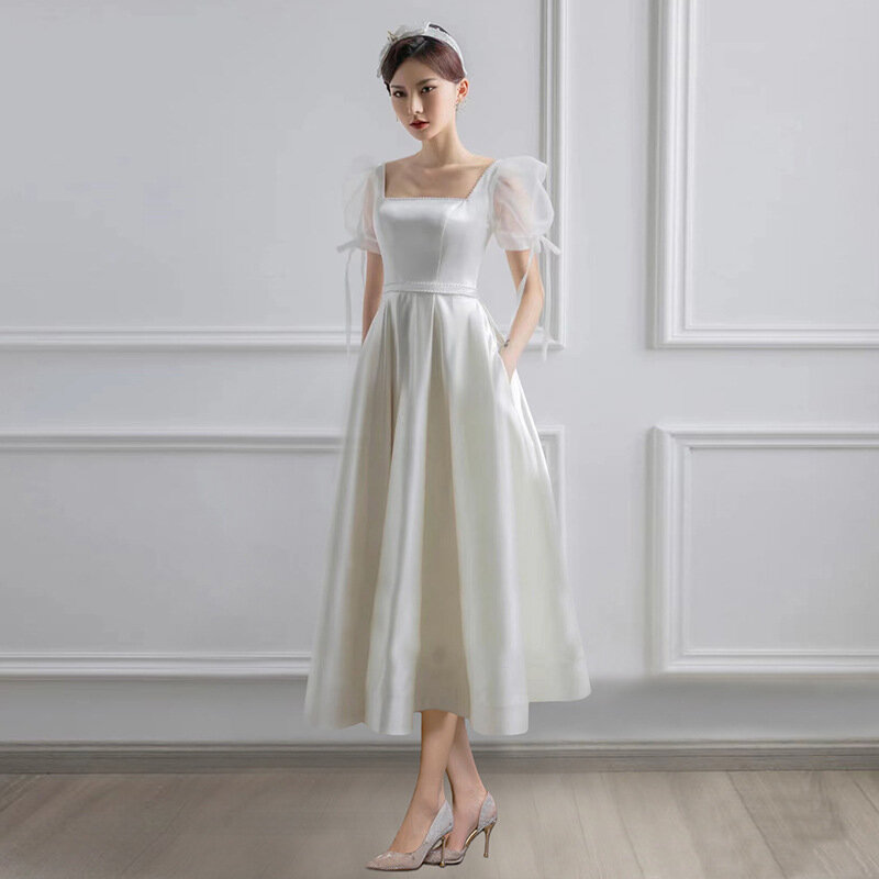 Белое Атласное Свадебное платье для невесты, официальное элегантное вечернее длинное платье с пышными рукавами для гостей, летнее женское официальное платье