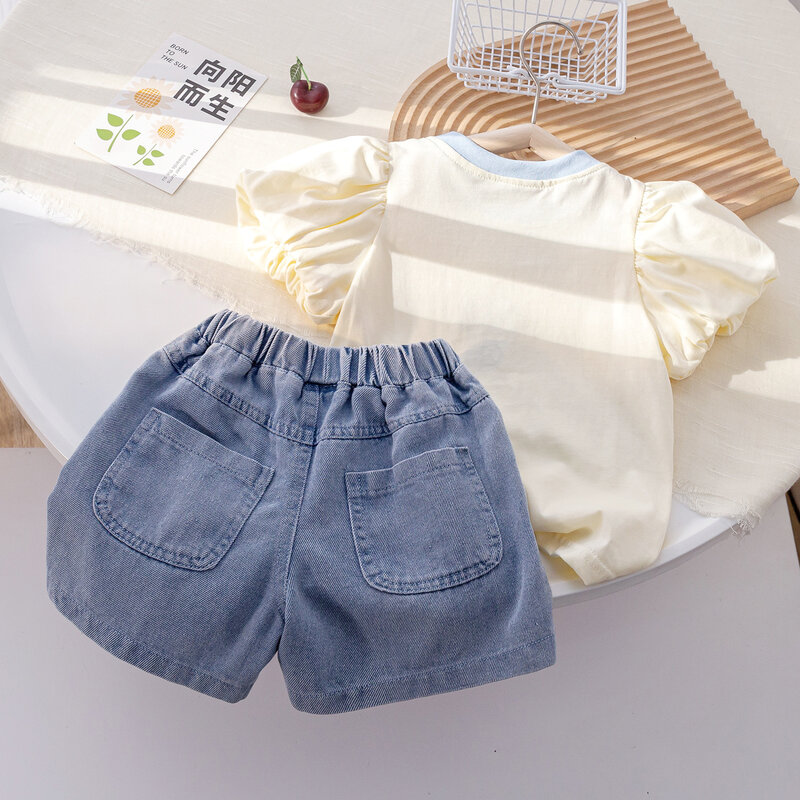 Комплект летней одежды для девочек, футболка с вышивкой и короткие джинсы, комплект из 2 предметов, подарок на день рождения