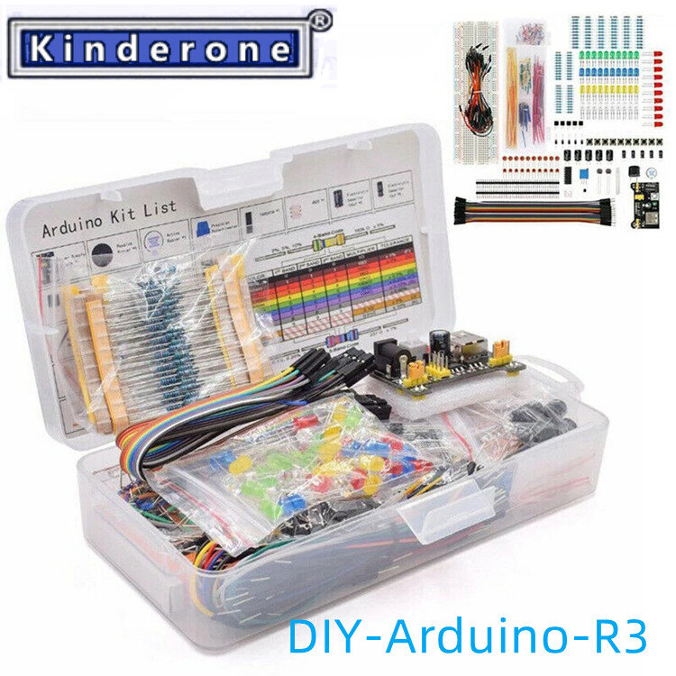 Kit electrónico de inicio de proyecto DIY con placa de pruebas de 830 puntos de amarre para Arduino R3, juego de componentes electrónicos con caja