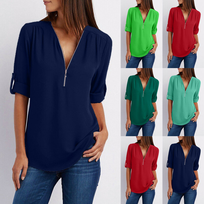 Women Spring And SummerCasual Zipper V Neck Solid Color Long Sleeve Button Sleeve Loose Chiffon Top Jean Button down