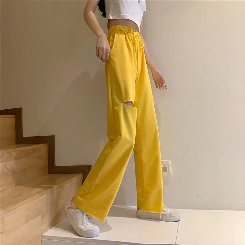 news pring and autumn Fashion casual loose plus size stretch brand female women girls hole wide leg pants