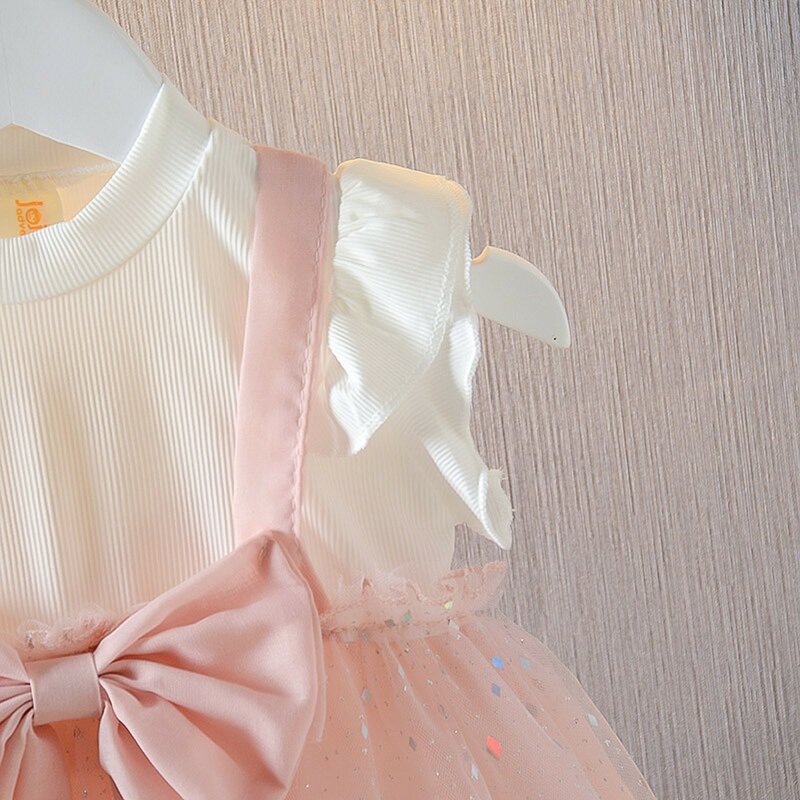 Vestido Vintage de princesa para niña, ropa de tul con manga de mosca, lazo grande rosa, tutú para fiesta de boda y cumpleaños