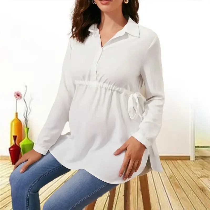 Blusa feminina casual para maternidade, roupa para gravidez, blusa branca de manga longa para gestantes, blusa elegante feminina, moda