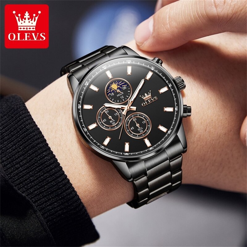 นาฬิกาข้อมือควอทซ์สแตนเลสสำหรับผู้ชายใหม่เอี่ยม OLEVS สำหรับกันน้ำผู้ชายปฏิทินข้างแรม