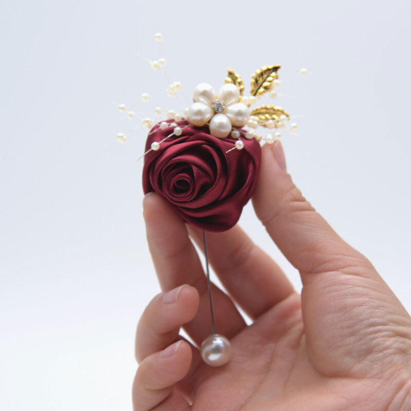 Men Luxury Boutonniere Groomsmen Flower Corsage Satin Rose Brooch Pin Handmade Wedding Supplies Festival Prom Party Decor