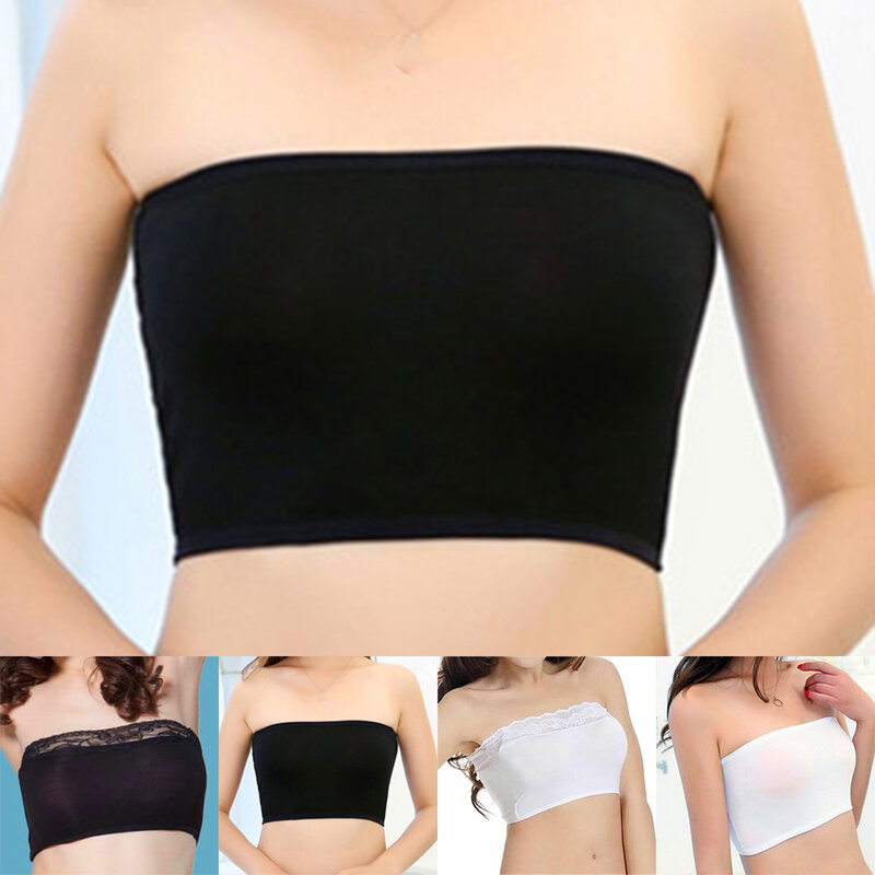 Women Stretch Bandeau Bra Strapless Solid Breathable Crop Tank Tops Camisole Bras Lace Border Seamless Skin-Friendly Tube Tops