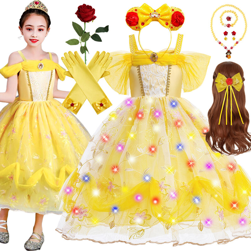 Vestido Princesa Belle Menina, Bela e Fera Fantasia Cosplay, Birthday Party, Amarelo, Luxo, Vestido de Baile, Carnaval Infantil, Fantasia, Clo