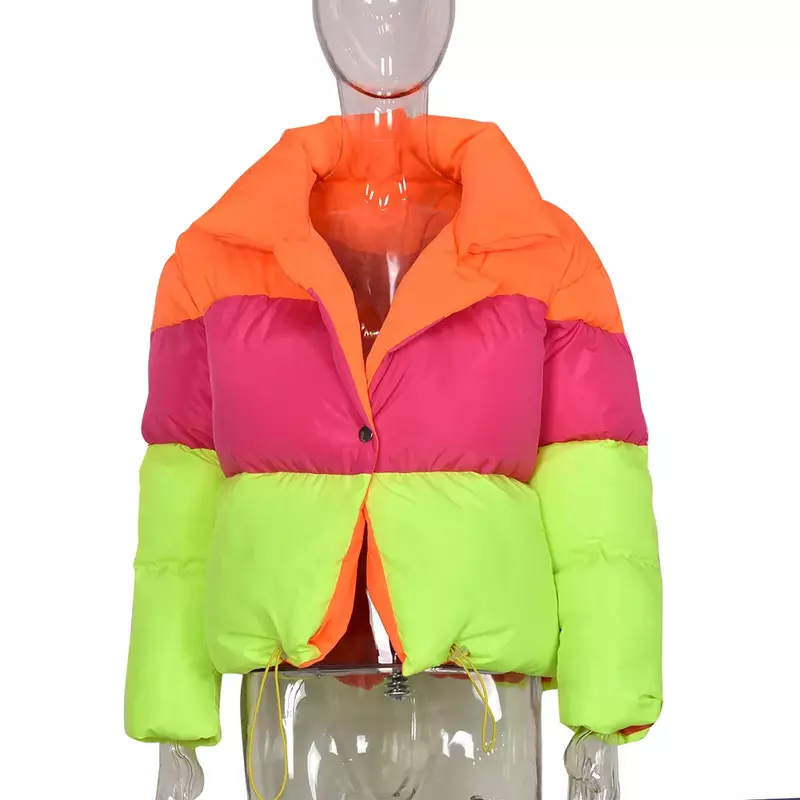 Women's Fresh Rainbow Contrast Short Bread Parkas Winter Zipper Pockets Jacket Women Parka Casual Patchwork Fuffy Female Jackets