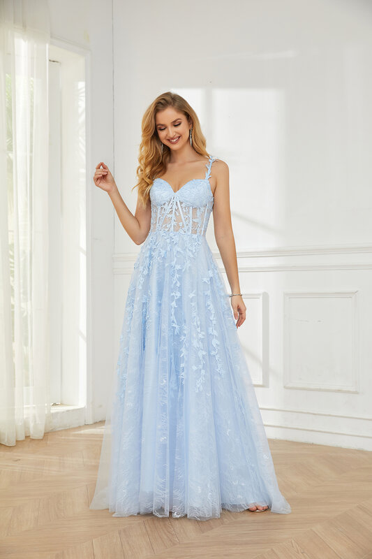 Gaun panjang Prom Tulle 2024, gaun malam Formal A-Line tali Spaghetti panjang dengan belahan renda, gaun koktail untuk wanita