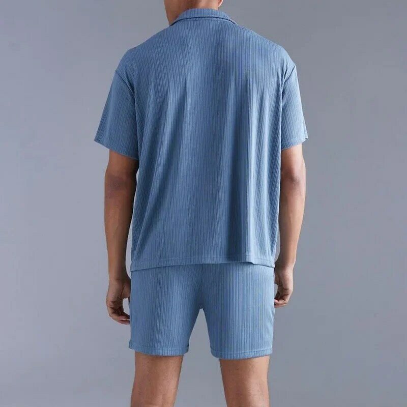 Conjunto de 2 peças de treino masculino, camisa de manga curta lapela, calção de bolso, roupa casual monocromática, moda verão 2022