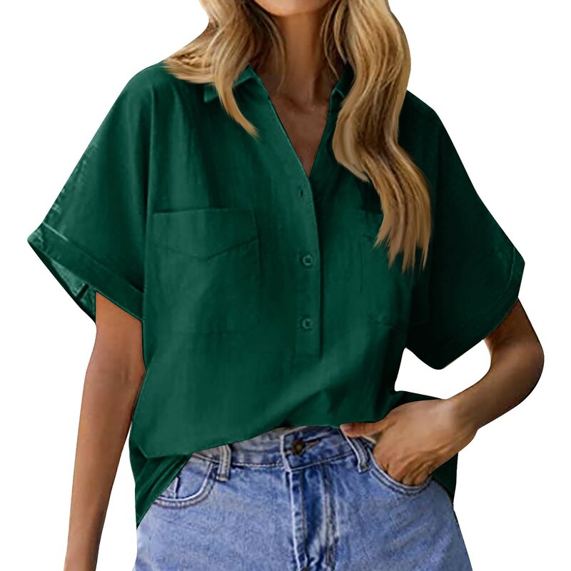 Camisa de lino y algodón para mujer, blusa holgada de manga corta con solapa y botones, color liso, estilo informal, elegante, para verano