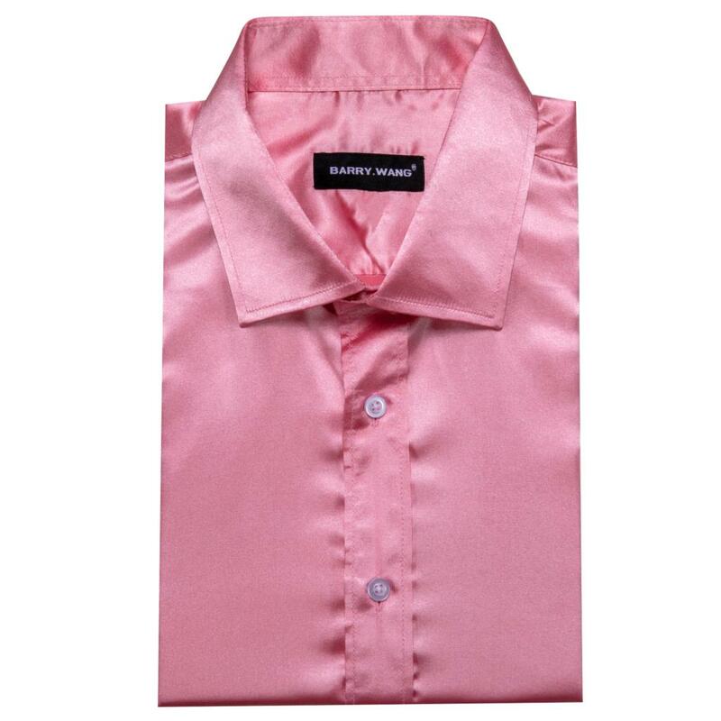 Luksusowe jedwabne męskie koszule merceryzowane solidna satynowa srebrna różowa rękaw Casual elegancka typu Slim dopasowane męskie bluzki top Barry Wang