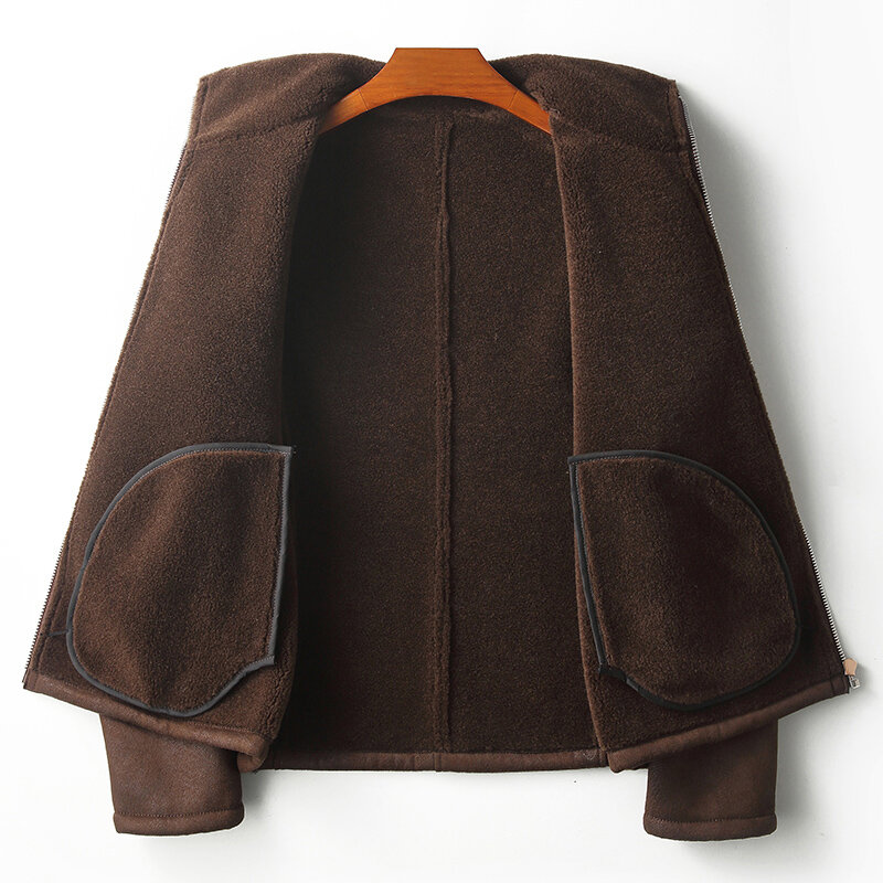 Homens 2022 inverno nova moda ovelhas shearling casacos de lapela curta casual masculino bolsos jaquetas de pele natural a335