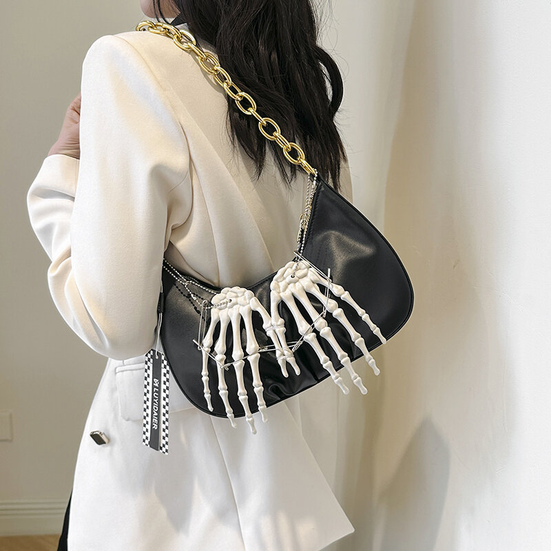 Gold Thick Chain Shoulder Bag For Women 2024 Spring New Designer Underarm Handbag Purse Punk Hand Bone Design Crossbody Bag Hobo