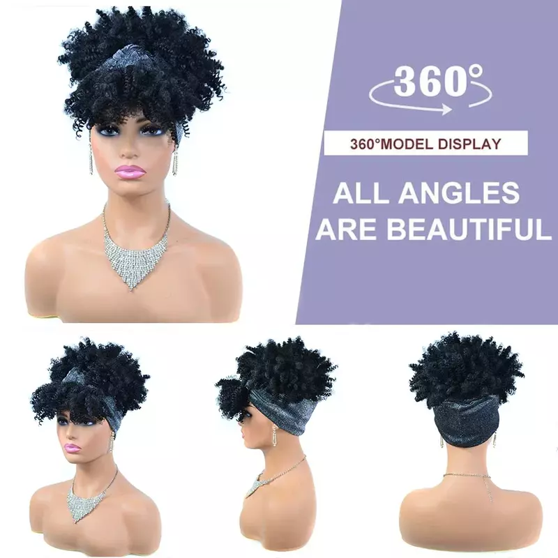 Wig ikat kepala keriting ikal pendek Wig ikat kepala keriting Afro Puff untuk wanita Wig bungkus Turban sintetis alami penggunaan sehari-hari