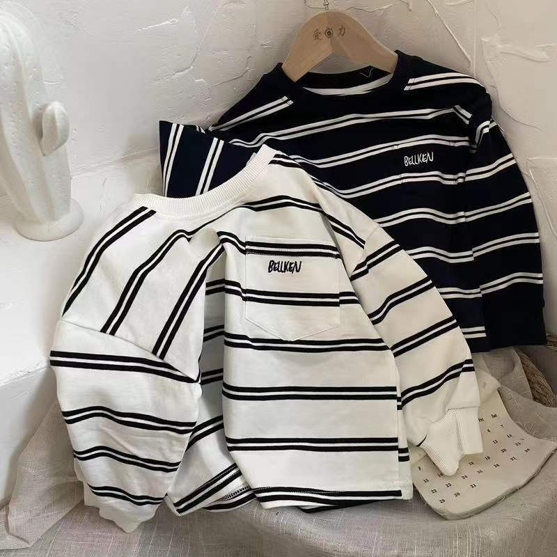 Camiseta infantil bordada com listras de algodão, blusa masculina e feminina, camisa de bebê, simples, primavera, outono