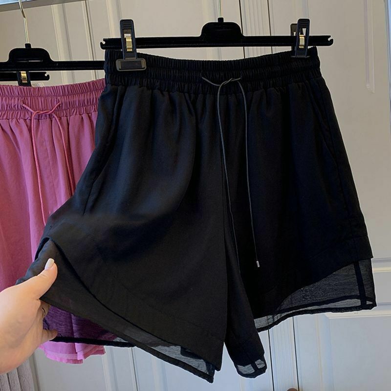 Zomer Nieuwe Elastische Taille Effen Losse Plus Size All-Match Sportshort Vetering Patchwork Shorts Casual Mode Dameskleding