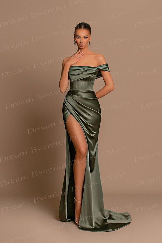 Sexy One-Shoulder Mermaid Simple Evening Dresses Off the Shoulder High Slit Satin Prom Gowns Vestido De Gala For Formal Party
