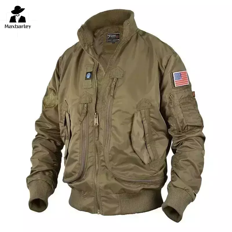 Uomo tattico Ma-1 giacche Big Pocket Pilot Baseball abbigliamento da lavoro cappotto Armygreen Bomber Jacket Stand-collar moto Outwear