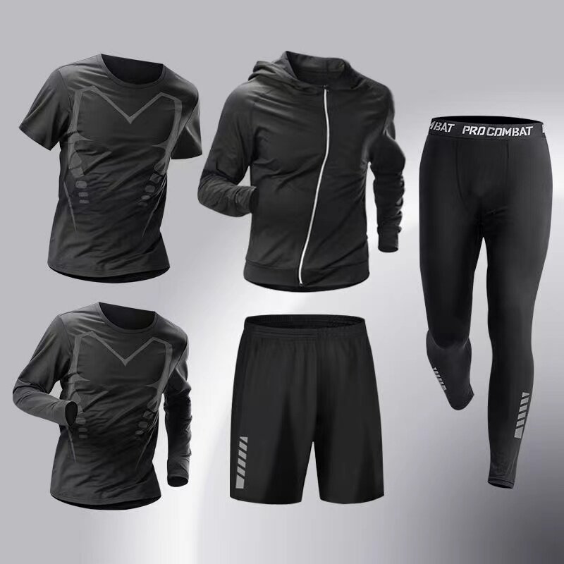 2024 Seasonal Half Zipper Men's Sports Tight Set with Elastic Quick Drying Five Piece Set for Training Cycling Running  Fitness