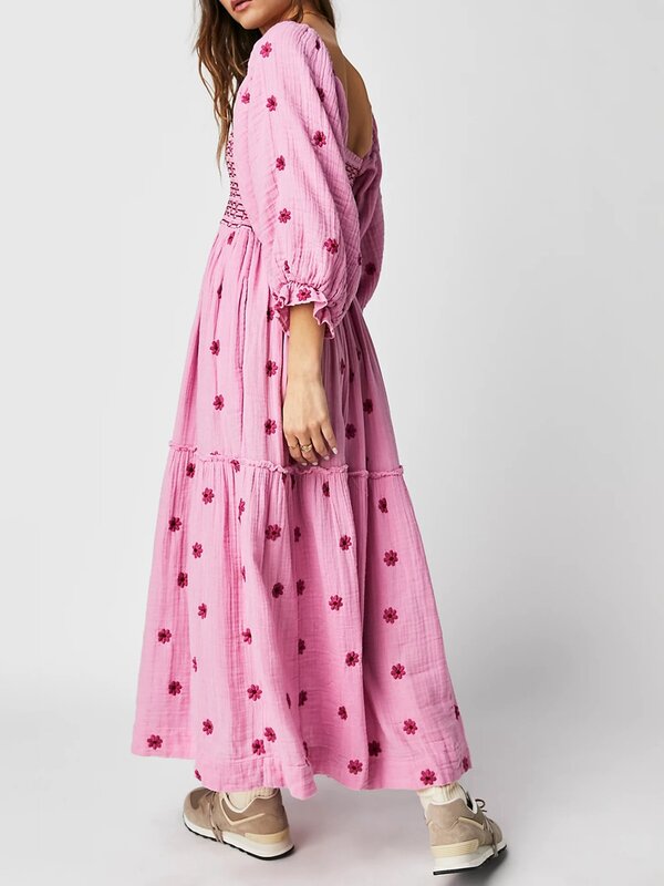 Modna damska sukienka 3D haftowane kwiatowe wzory Maxi bufiaste rękawy kwadratowy dekolt warstwowa kwiecista sukienka trapezowa