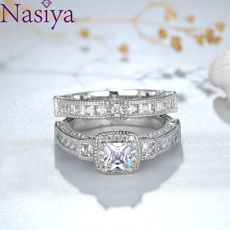 Conjunto de anillos de compromiso para boda, anillo de plata de lujo brillante, anillos de circonita cuadrada para mujer, regalo de joyería fina, venta al por mayor