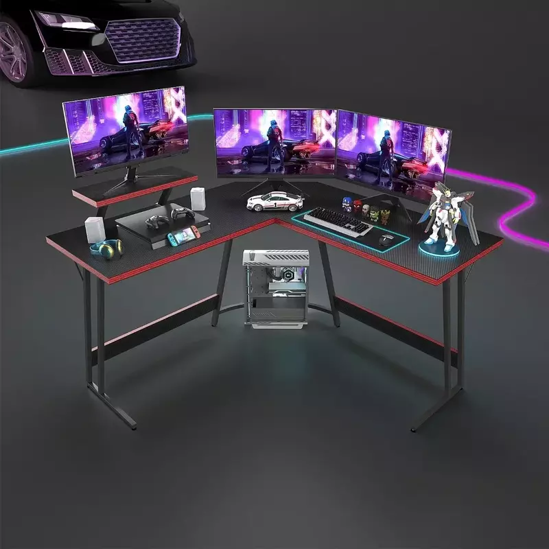 โต๊ะคอมพิวเตอร์เล่นเกมรูปตัวแอลขนาด51นิ้วโต๊ะเกมส์ PC พร้อมขาตั้งยกจอมอนิเตอร์ขนาดใหญ่สีดำ