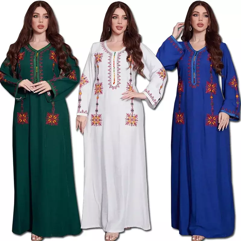 Elegant Embroidery Muslim Dress for Women Jalabiya Abaya Ramadan Long Dresses Abayas Woman Kimono Robe Moroccan Caftan Vestidos
