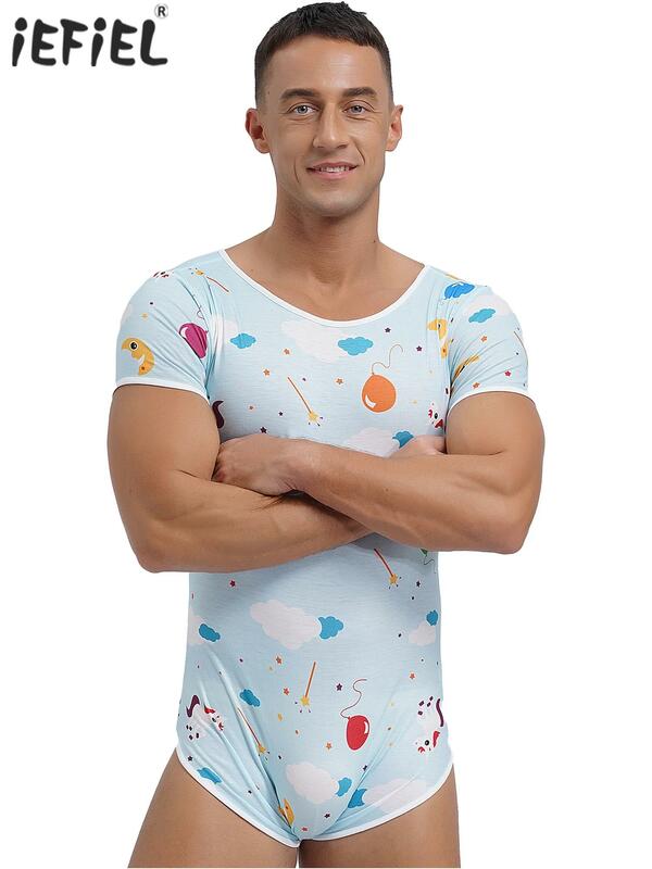Sexy Mens Short Sleeve Buttoned Crotch Diaper Rompers Pajama Cute Cartoon Print Sissy Bodysuit Sleepwear Swimwear Bathing Suit