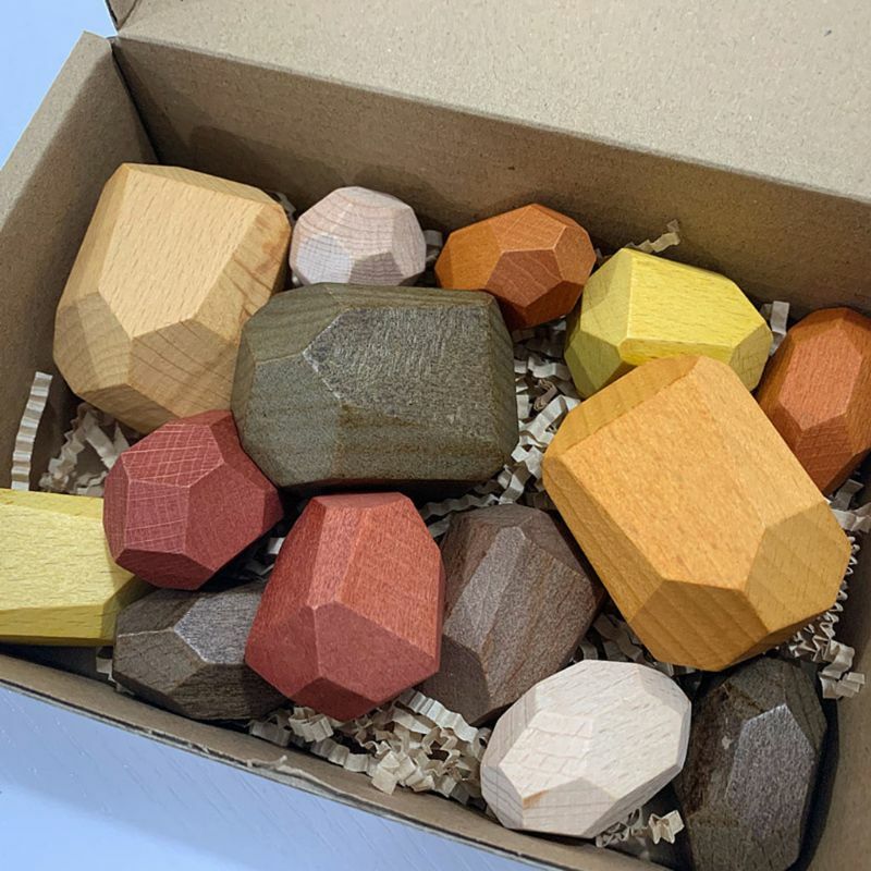 97BE 15 Pcs Children Wooden Colored Stone Stacking Game Building Block Kids Gift