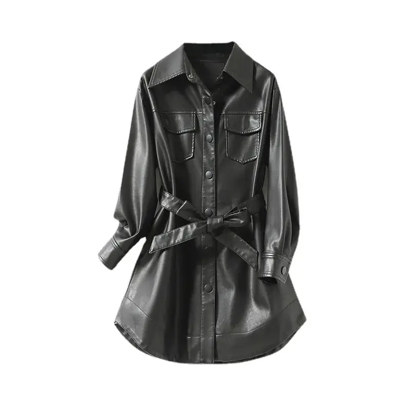 Женские кожаные куртки средней длины, Осень-зима 2023, Корейская свободная облегающая кожаная куртка для женщин, искусственная кожа